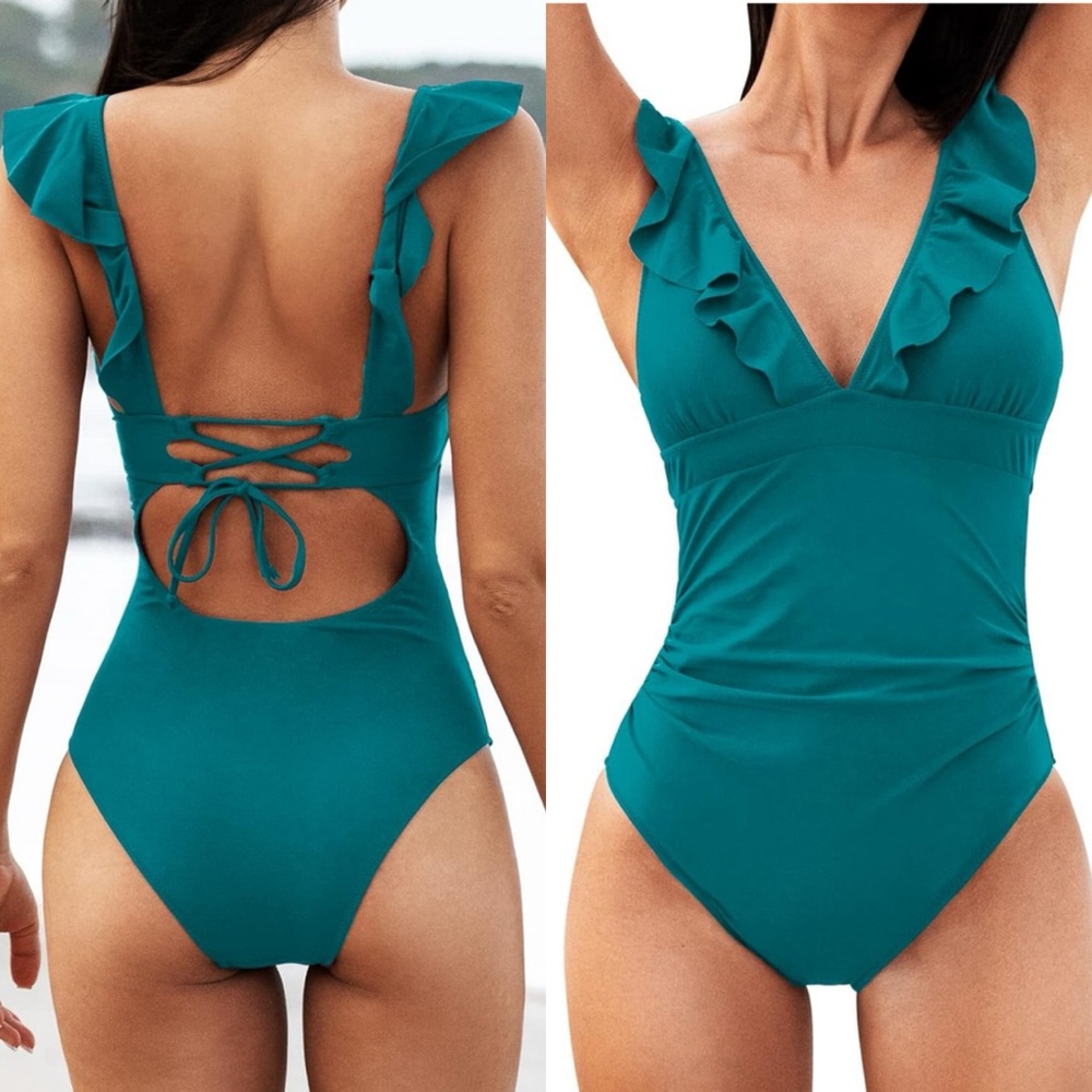 NWT Women's Ruffled Lace Up‎ One Piece Swimsuit SIZE X LARGE